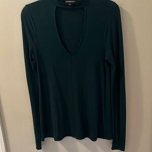 Express Women's Deep V-Neck with moc neck piece Emerald Green  Long Sleeve Top